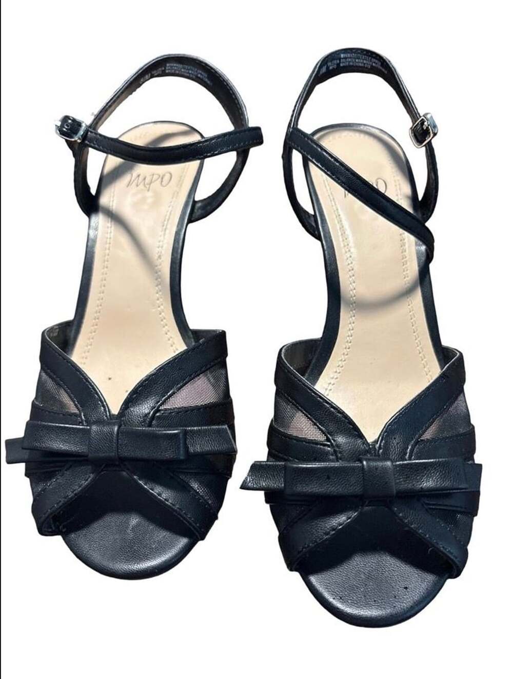 IMP O Black Mesh Bow Peep Toe Heels Women's 8.5M Ankle Strap Dress Sandals